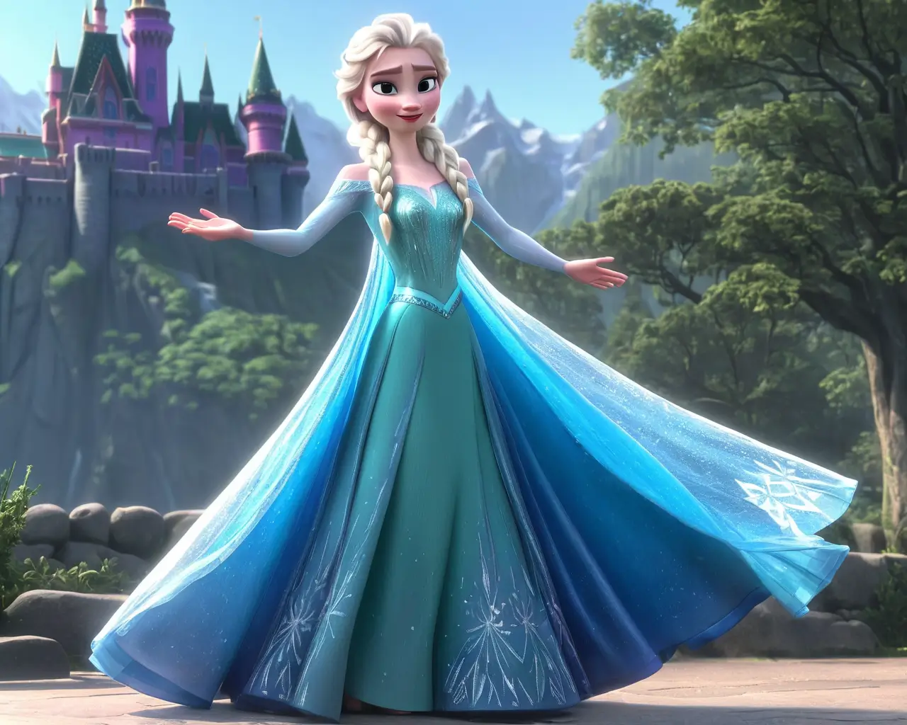 Animated Elsa princess in blue gown before castle