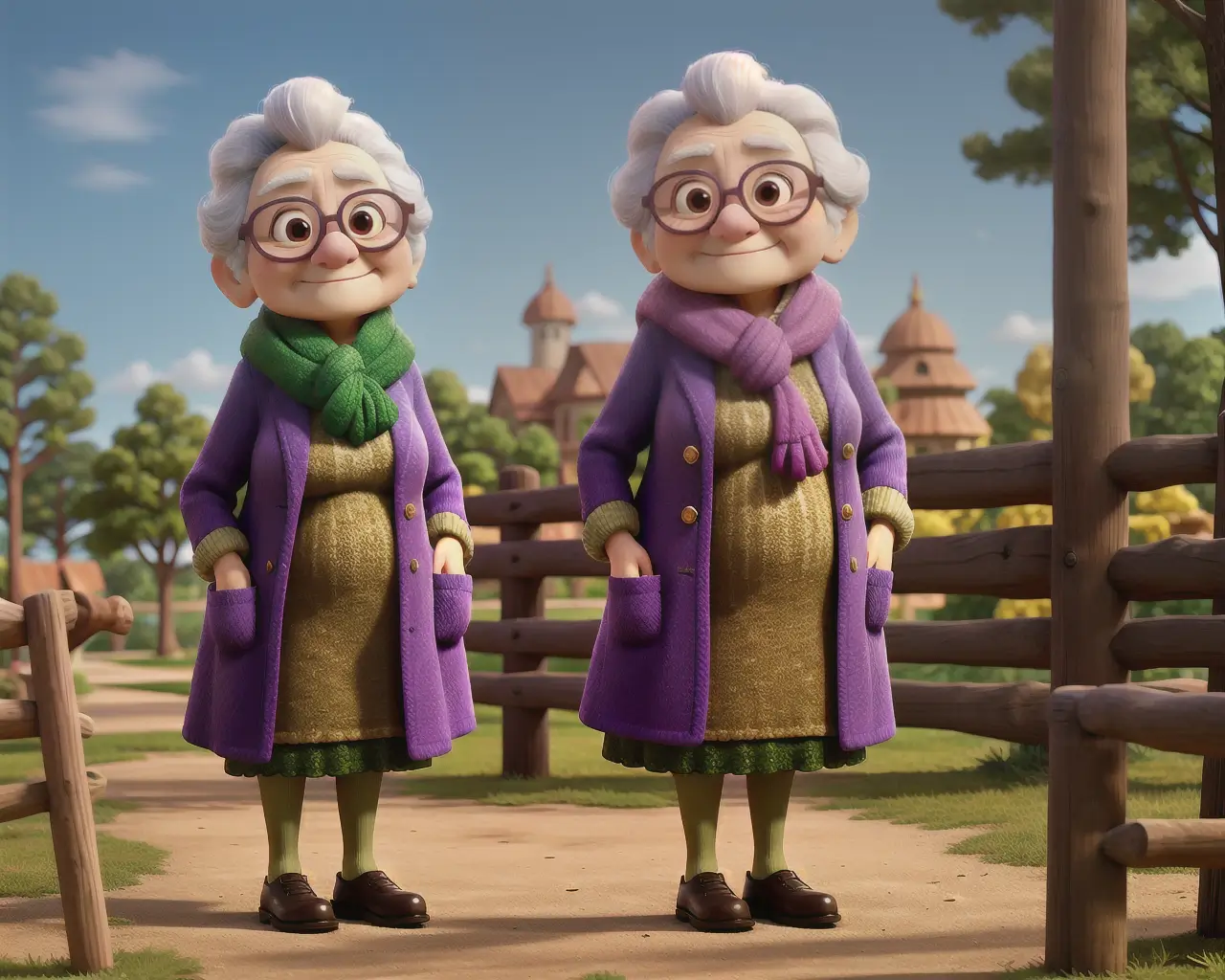 Elderly women cartoon characters outdoors