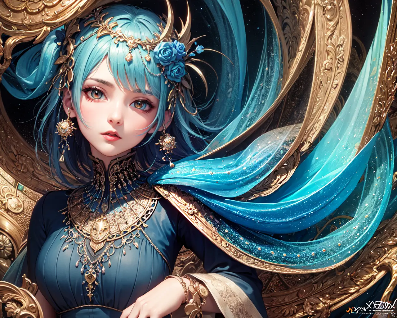 Fantasy girl in ornate blue dress