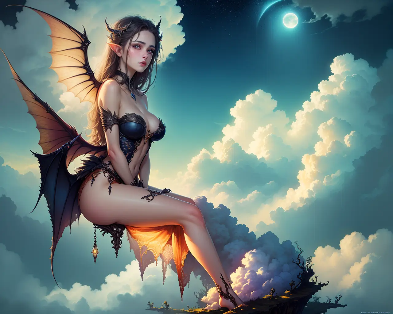 Fantasy girl with bat wings sitting on clouds