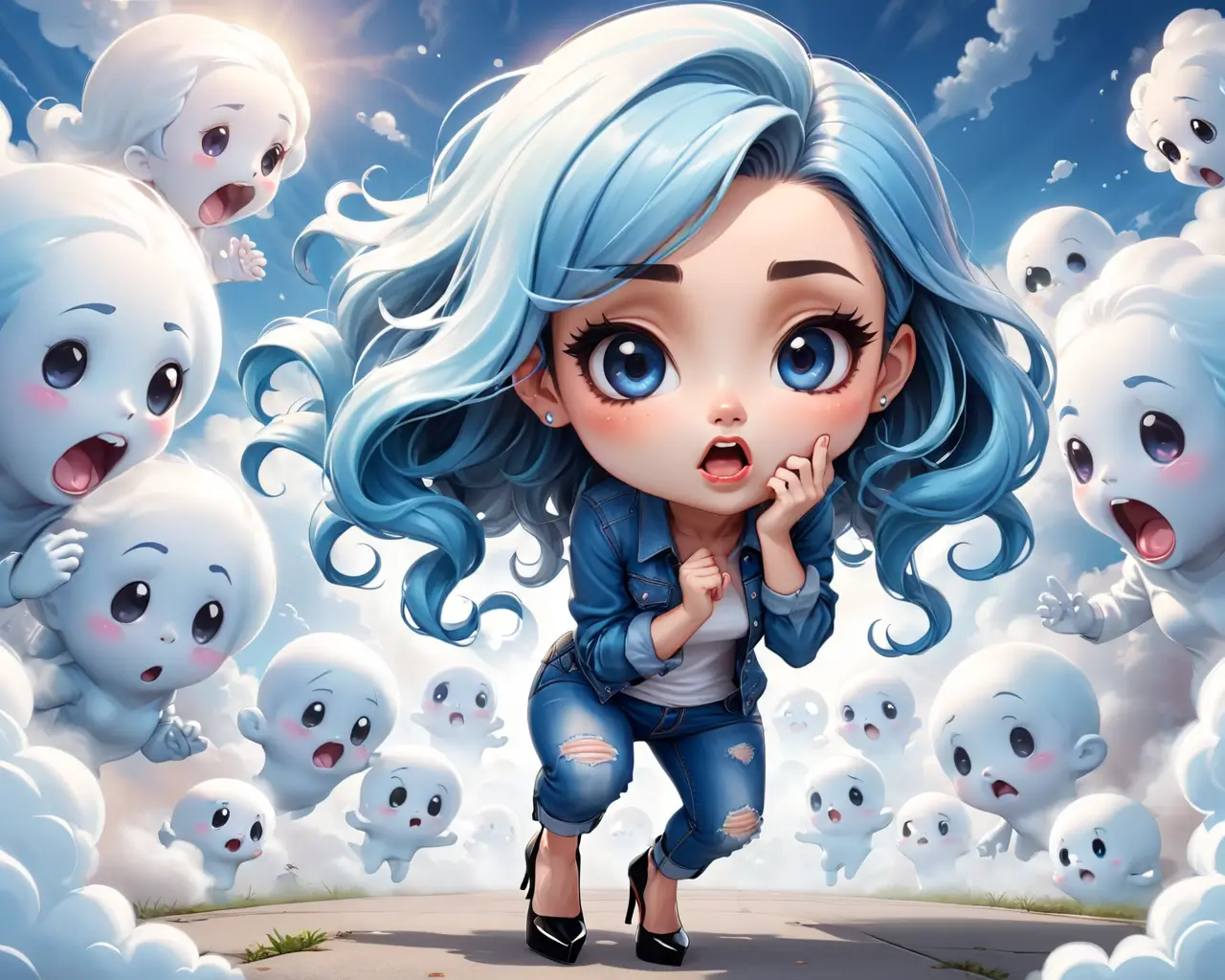girl surrounded by playful ghosts