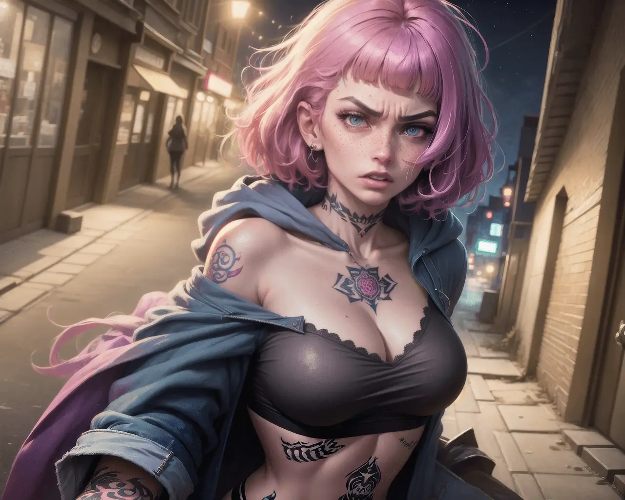 Pink-haired tattooed girl in city night